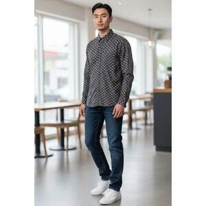 Wallin & Bros Mens Medium Navy Blue Gold Dachshund Dog Print Button Down Shirt